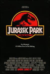 9k0845 JURASSIC PARK advance 1sh 1993 Steven Spielberg, classic logo with T-Rex over red background