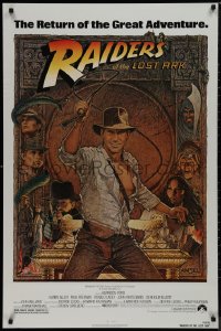 9k0963 RAIDERS OF THE LOST ARK 1sh R1982 great Richard Amsel art of adventurer Harrison Ford!