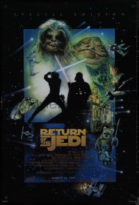 9k0975 RETURN OF THE JEDI style E advance 1sh R1997 George Lucas classic, cool montage art by Drew Struzan!