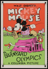 9k0364 BARNYARD OLYMPICS 21x31 art print 1980s art of Mickey Mouse jumping over chicken coop!