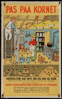 9k0387 PAS PAA KORNET 25x39 Danish special poster 1940s beetles invading a farm house!