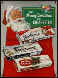9k1120 SAY MERRY CHRISTMAS WITH CIGARETTES 19x26 advertising poster 1950s art of Santa & cigs!
