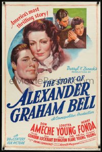 9k0097 STORY OF ALEXANDER GRAHAM BELL 1sh 1939 art of Don Ameche, Loretta Young & Henry Fonda, rare!