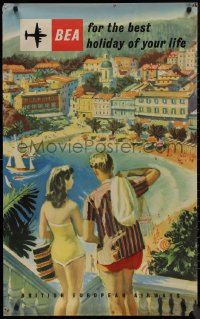 9k0310 BEA BEST HOLIDAY 25x40 English travel poster 1950s art of couple over beach, harbor and city!
