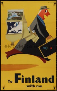 9k0315 FINLAND 24x39 Finnish travel poster 1950 Heikki Ahtiala art of man running with suitcase!