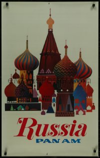 9k0327 PAN AM RUSSIA acetate 22x35 travel poster 1960s colorful art of Saint Basil's Cathedral, rare!