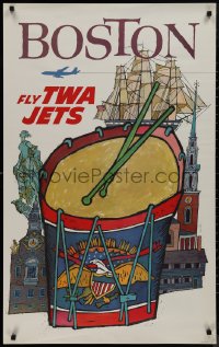 9k0331 TWA BOSTON 25x40 travel poster 1960s David Klein art or tall ship and more, ultra rare!