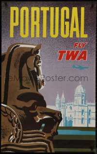 9k0334 TWA PORTUGAL 25x40 travel poster 1960s Monastery of Belem, silhouette art of jet aircraft!