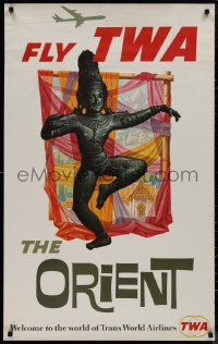 9k0338 TWA THE ORIENT 25x40 travel poster 1960s cool Asian statue artwork by David Klein!
