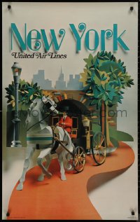 9k0341 UNITED AIR LINES NEW YORK 25x40 travel poster 1971 cool paper sculpture of carriage in park!