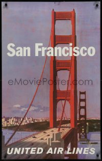 9k0342 UNITED AIR LINES SAN FRANCISCO 25x40 travel poster 1960s Galli art of Golden Gate Bridge, rare!