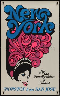 9k0344 UNITED NEW YORK 25x40 travel poster 1970s non-stop from San Jose, wonderful art of showgirl!