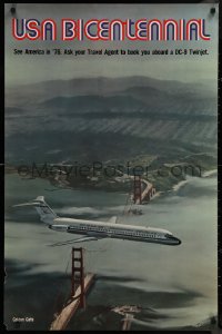 9k0345 USA BICENTENNIAL 25x38 travel poster 1976 jet over Golden Gate Bridge in San Francisco!