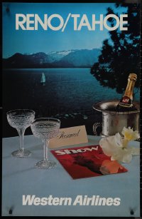 9k0346 WESTERN AIRLINES RENO/TAHOE 24x37 travel poster 1980s Lake Tahoe, sailboat and more!