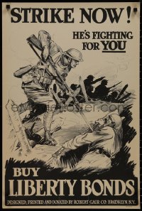 9k0299 BUY LIBERTY BONDS 20x30 WWI war poster 1918 strike now, German soldier bayoneted in trench!