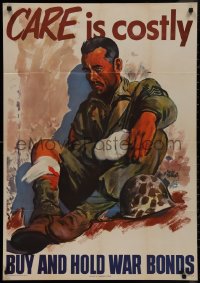 9k0289 CARE IS COSTLY 26x37 WWII war poster 1945 cool Adolph Treidler art of injured soldier!