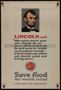 9k0304 SAVE FOOD FOR WORLD RELIEF 20x30 WWI war poster 1910s President Abraham Lincoln quote!