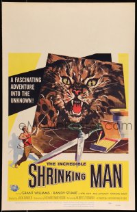 9k0038 INCREDIBLE SHRINKING MAN WC 1957 different Reynold Brown art of giant cat attacking tiny man!