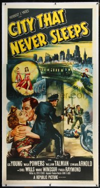 9m0028 CITY THAT NEVER SLEEPS linen 3sh 1953 great art of gunfight under elevated train in Chicago!