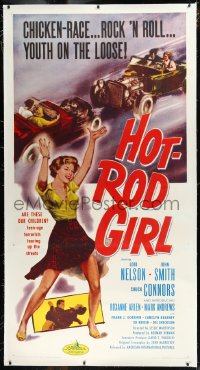 9m0038 HOT ROD GIRL linen 3sh 1956 Lori Nelson, wild sexy dancing bad girl & chicken-race art, rare!