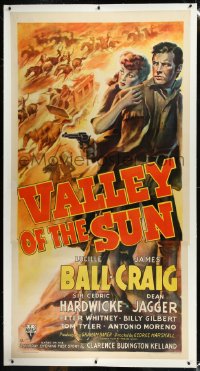 9m0054 VALLEY OF THE SUN linen 3sh 1942 art of Lucille Ball & tough cowboy James Craig, ultra rare!
