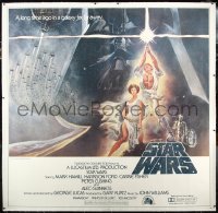 9m0002 STAR WARS linen 6sh 1977 George Lucas, iconic Tom Jung art of Luke & Leia with Vader behind!