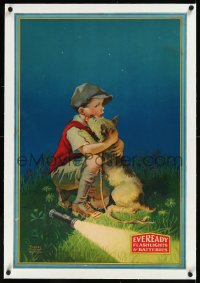 9m0171 EVEREADY linen 20x30 advertising poster 1930s Hunter art of boy w/flashlight finding his dog!