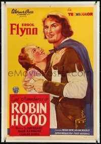 9m0303 ADVENTURES OF ROBIN HOOD linen Argentinean 1938 art of Errol Flynn & De Havilland, ultra rare!