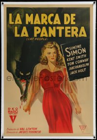 9m0304 CAT PEOPLE linen Argentinean 1942 Val Lewton, art of sexy Simone Simon by black cat, rare!