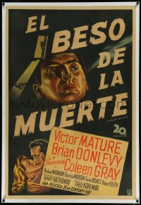9m0309 KISS OF DEATH linen Argentinean 1947 full-color art of Mature, Donlevy & Gray, ultra rare!