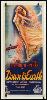 9m0257 DOWN TO EARTH linen Aust daybill 1946 wonderful full-length artwork of sexiest Rita Hayworth!