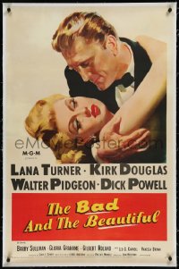9m0445 BAD & THE BEAUTIFUL linen 1sh 1953 art of Kirk Douglas manhandling sexy Lana Turner, Minnelli!