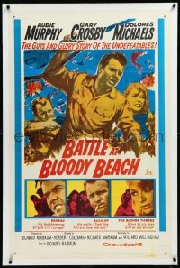 9m0446 BATTLE AT BLOODY BEACH linen 1sh 1961 Audie Murphy blazing & blasting the Pacific wide open!