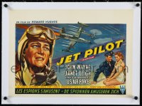 9m0358 JET PILOT linen Belgian 1957 art of John Wayne & Janet Leigh, Screaming Eagles, Howard Hughes