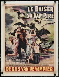 9m0360 KISS OF THE VAMPIRE linen Belgian 1963 Hammer, art of giant devil bats summoned from Hell!