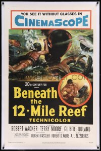 9m0448 BENEATH THE 12-MILE REEF linen 1sh 1953 cool art of scuba divers vs octopus & shark, rare!