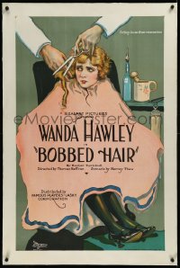 9m0456 BOBBED HAIR linen 1sh 1922 great art of scared Wanda Hawley getting her hair cut, ultra rare!