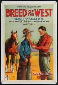 9m0462 BREED OF THE WEST linen 1sh 1930 great art of Wally Wales & Buzz Barton by horse, ultra rare!