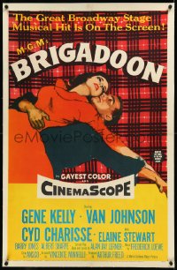 9m0464 BRIGADOON linen 1sh 1954 great romantic close up art of Gene Kelly & Cyd Charisse over plaid!