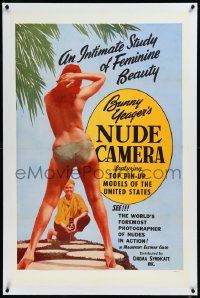 9m0469 BUNNY YEAGER'S NUDE CAMERA linen 1sh 1964 Barry Mahon, Yeager photographing topless girl!