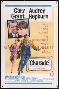 9m0477 CHARADE linen 1sh 1963 art of tough Cary Grant & sexy Audrey Hepburn, expect the unexpected!