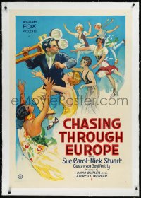 9m0479 CHASING THROUGH EUROPE linen 1sh 1929 art of Sue Carol & girls chasing Nick Stuart, very rare!