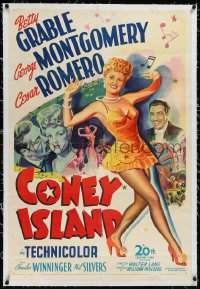 9m0493 CONEY ISLAND linen 1sh 1943 art of sexy dancer Betty Grable, Cesar Romero & George Montgomery!