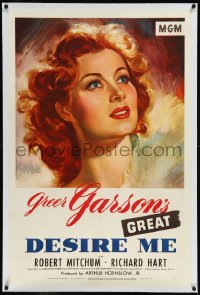 9m0503 DESIRE ME linen 1sh 1947 wonderful art of Greer Garson, who survived Nazi prison camp in WWII!