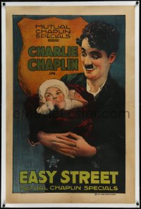 9m0516 EASY STREET linen 1sh 1917 great art of Charlie Chaplin as Tramp w/baby, only known example!