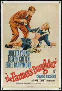 9m0524 FARMER'S DAUGHTER linen 1sh 1947 artwork of Joseph Cotten helping fallen maid Loretta Young!
