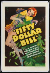 9m0526 FIFTY DOLLAR BILL linen 1sh 1935 full-length colorful art of sexy showgirl with cash, rare!