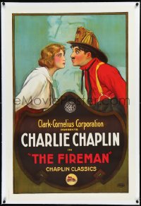 9m0528 FIREMAN linen 1sh R1910s art of Charlie Chaplin in uniform with Edna Purviance, beyond rare!