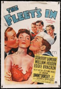 9m0532 FLEET'S IN linen 1sh 1942 great art of Dorothy Lamour smooched by sailors Holden & Bracken!