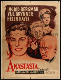 9m0068 ANASTASIA linen French 1p R1950s different Geleng art of Ingrid Bergman, Brynner & Hayes, rare!